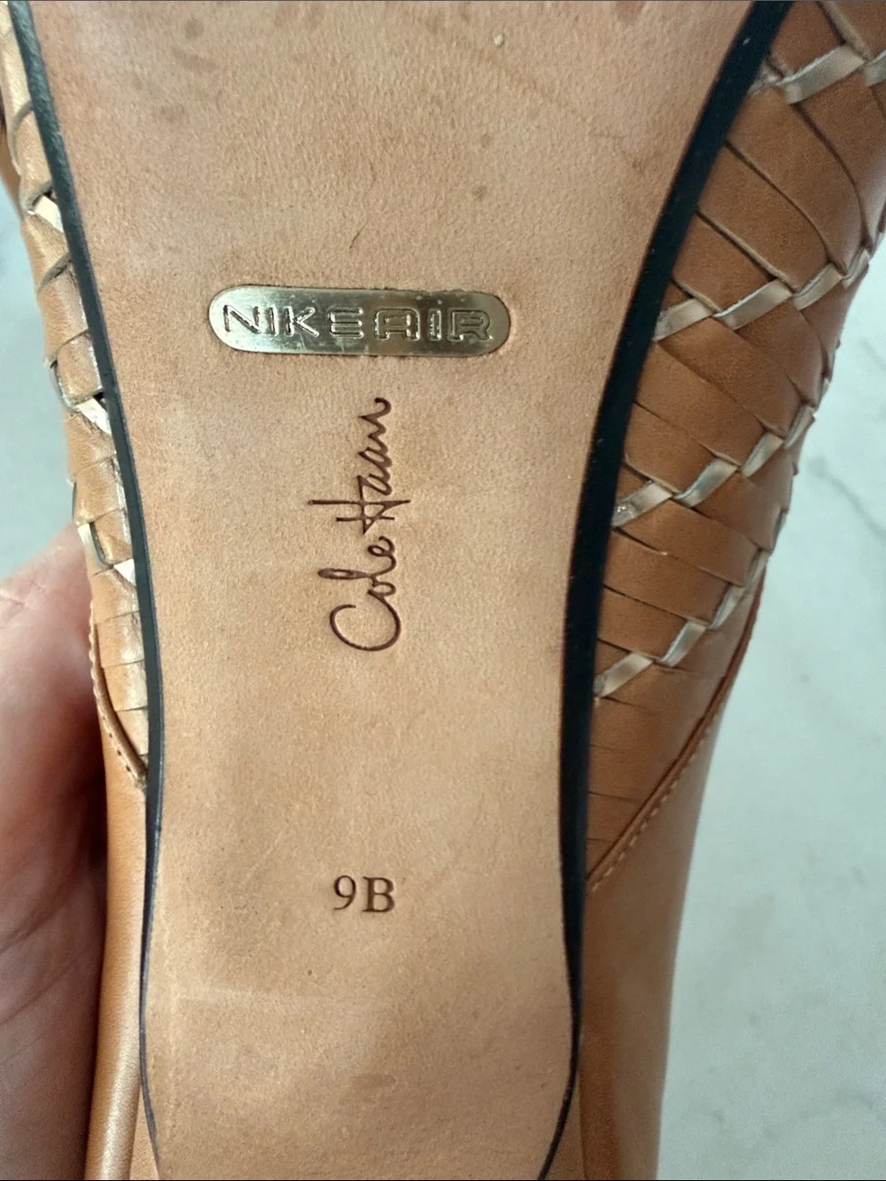 Cole Haan Nike collab Tan Woven Peep-Toe Leather Heels 9B